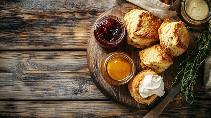 Golden-brown scones with jam, clotted cream, and thyme on a rustic board
