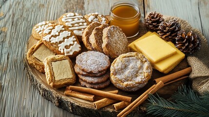 Rustic gingerbread cookies and sugar-dusted shortbreads with cinnamon sticks and pinecones