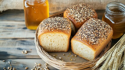Basket of multigrain bread with wheat stalks and honey on rustic wood