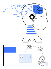 Human head outlined with neural network brain and AI gear, blue lines symbolizing connectivity, financial transaction icons including credit card, currency, and hand. Ideal for finance, technology