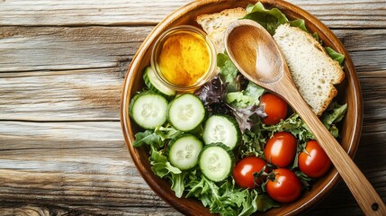 Colorful garden salad with fresh greens, tomatoes, cucumbers, and a wooden spoon on a rustic table