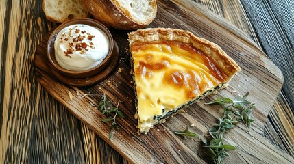 Golden slice of spinach and cheese quiche with herbs and crusty bread on a wooden board