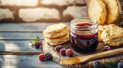 Homemade berry jam with freshly baked scones, wooden knife, and ripe berries on a rustic wooden surface