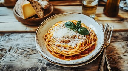 Handmade pasta with tomato sauce, parmesan, and fresh basil