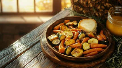 Rustic platter of roasted vegetables with carrots, zucchini, and bell peppers on a wooden table