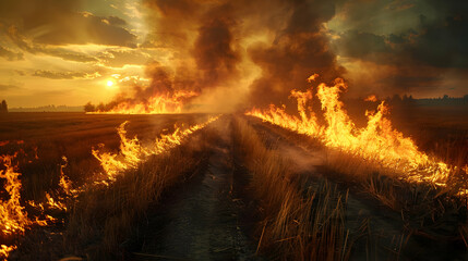 Fiery Sunset Field Fire Illustration