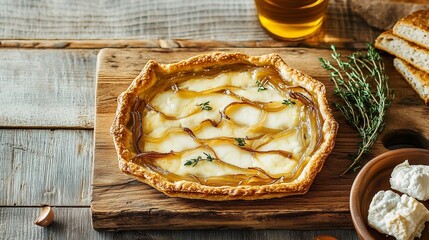 Savory tart with caramelized onions, goat cheese, and thyme on a wooden board
