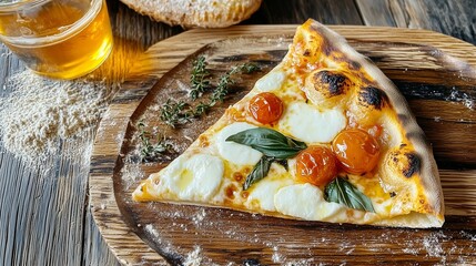 Wood-fired pizza slice with basil, mozzarella, and cherry tomatoes
