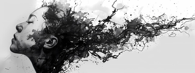 A serene young woman with dark hair, depicted in a surreal art style where her thoughts and emotions manifest as swirling ink splashes.