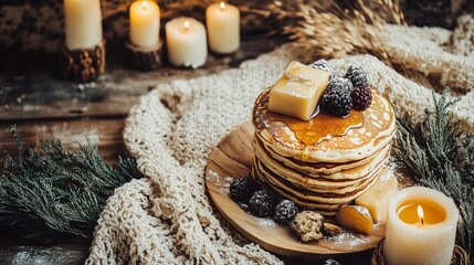 Stack of fluffy pancakes with maple syrup and fresh berries on a wooden plate