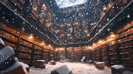 A cozy library filled with snow, illuminated by warm lights and surrounded by books.