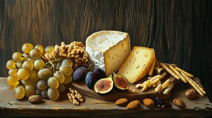 Assortment of cheeses, figs, grapes, nuts, and breadsticks on a rustic wooden board