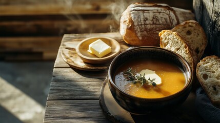 Steaming bowl of tomato basil soup with crusty bread and butter