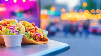 Enjoy savory bites and sweet treats from a vibrant food truck at the city festival, all captured in stunning detail.
