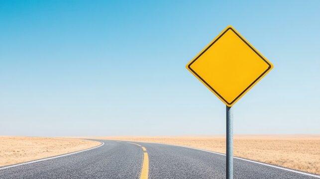 A bright yellow road sign under a clear sky prompts thoughts of the future along a twisting desert road.