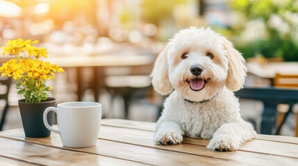 A fluffy white dog basking in sunlight at a charming cafe, with a coffee mug nearby, radiating happiness and relaxation.