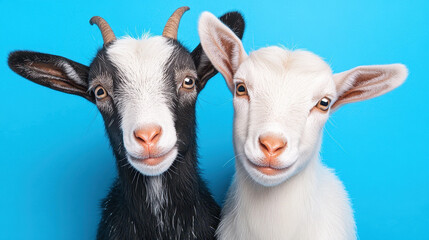 Obraz premium A charming duo of goats with lively expressions, bringing playful energy to the urban landscape. Perfect for animal lovers