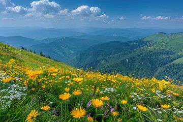 Obraz premium View of mountain meadows and bright blue sky in Ukrainian Carpathians.