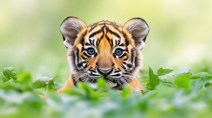 Obraz premium A playful tiger cub explores its lush forest home, showcasing the beauty of wildlife and the importance of conservation.