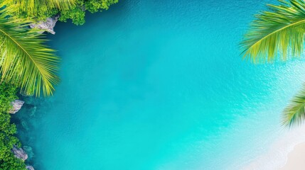 Experience the breathtaking beauty of a tropical lagoon, where turquoise waters meet lush palm trees under a sunny sky.