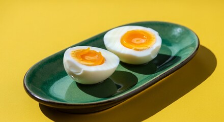 Two boiled egg halves, styled on a green ceramic plate