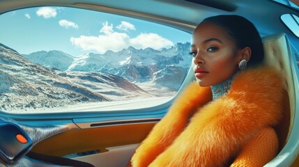 Naklejka premium Elegant model in orange faux fur coat relaxing in luxury car with stunning mountain view, concept of fur