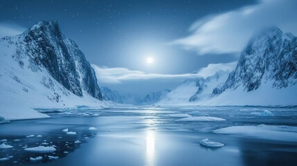 A serene winter landscape under a moonlit sky, reflecting on icy waters.