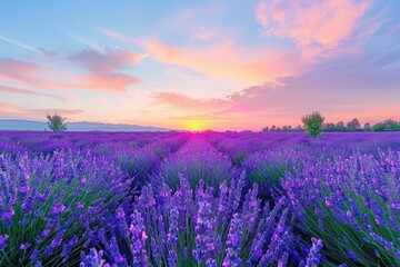 Fototapeta premium Beautiful lavender sunset over colorful meadow with trees.