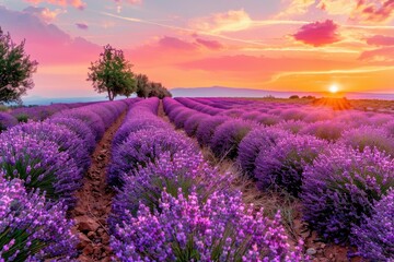 Obraz premium Beautiful lavender sunset over colorful meadow with trees.