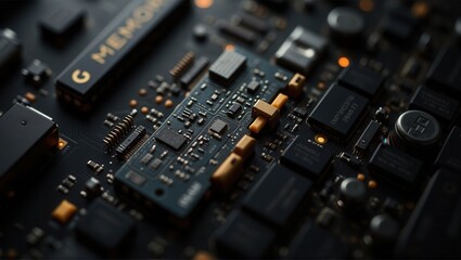 Close-up of a black circuit board with various electronic components and connectors, detailed and technical. Generative, AI,