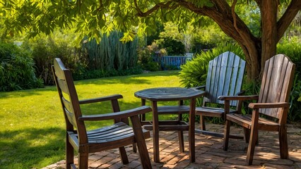 A serene outdoor seating area with wooden chairs and a table under a tree in a lush garden.