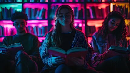 Three diverse students read books under colorful neon lights in a library.