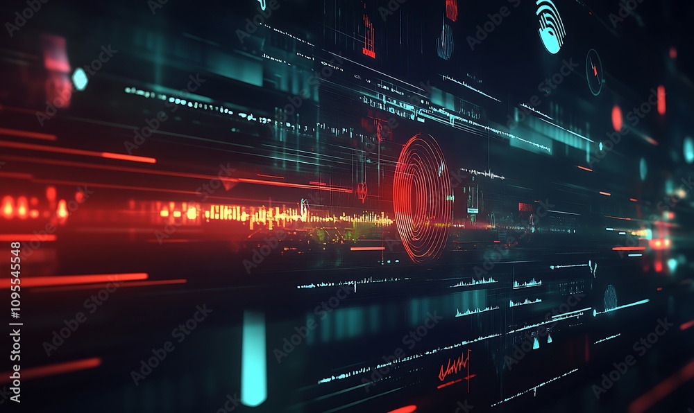 Poster abstract digital visualization with data streams and icons representing technology and connectivity.