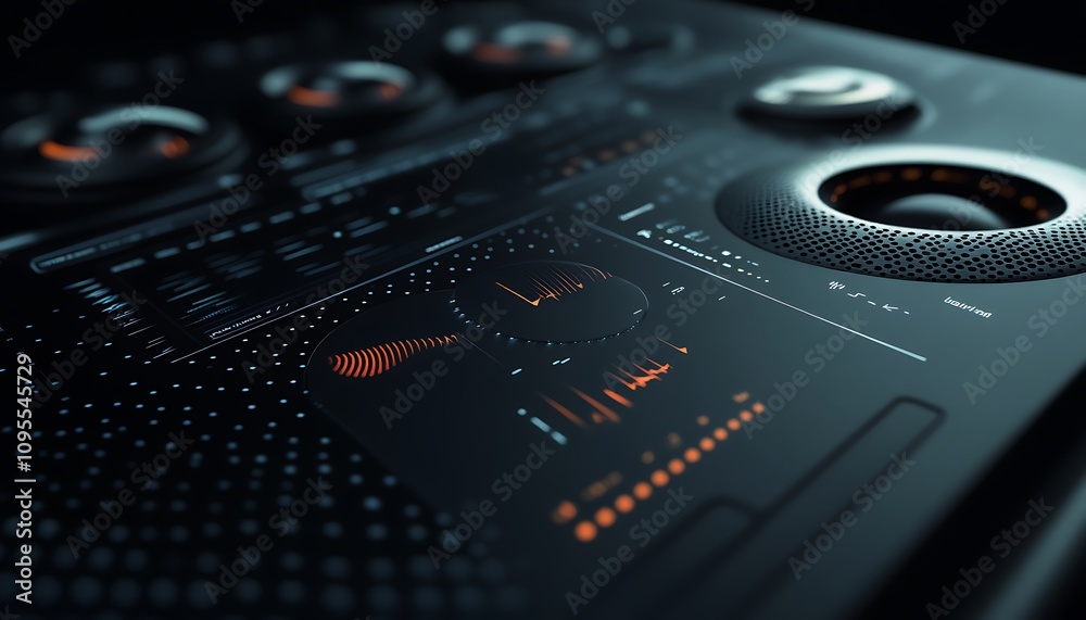 Poster a close-up of a modern audio mixing console with various controls and visual displays.