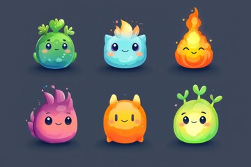 Playful Elemental Character Icons for children, with friendly and inviting expressions. 