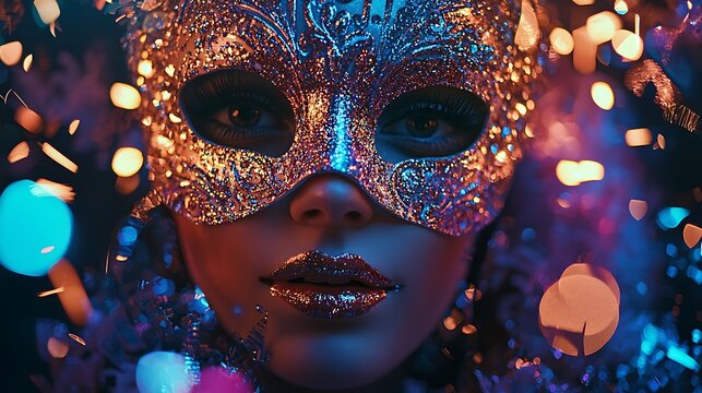 Vibrant masquerade masks and shimmering dresses glint under the glow of neon lights and sparkling wine glasses as cheers echo during the New Year’s Eve festivities 