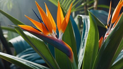 Vibrant orange and blue flowers emerge from lush green leaves in a serene environment.