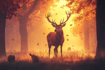 Majestic deers in the serene wilderness at sunrise surrounded by misty landscapes, capturing the beauty of nature and tranquil wildlife scenery