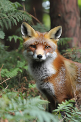  Red fox in summer in the forest with space for text