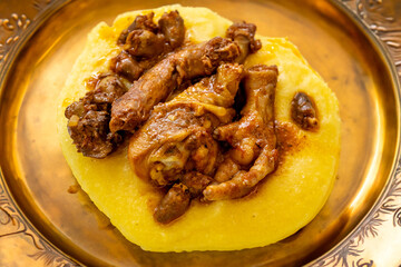 Rustic Brazilian dish, free-range chicken with polenta. Real food