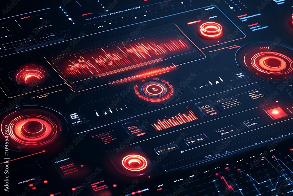 Poster futuristic digital interface with sound wave visualization and interactive controls.