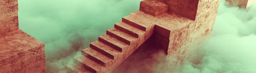 Surreal staircase in dreamy atmosphere abstract landscape digital art ethereal environment elevated viewpoint conceptual journey