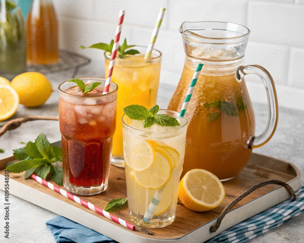 Aufkleber Assorted refreshing summer drinks in colorful cups with ice and lemon slices. Perfect for beverage advertisements or seasonal campaigns