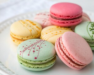 Fototapeta premium Colorful French macarons arranged on a clean white surface. Great for dessert menus, bakeries, or celebratory themes