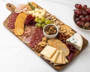 A selection of fine cheeses, grapes, and crackers arranged on a wooden platter. Perfect for wine and cheese evenings