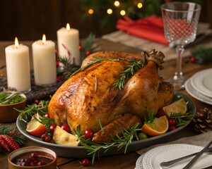 Festive roast turkey surrounded by candles and seasonal decorations. Capturing the spirit of holiday feasts