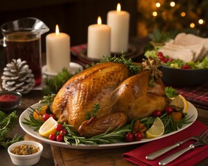 Festive roast turkey surrounded by candles and seasonal decorations. Capturing the spirit of holiday feasts