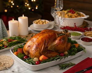 Golden Brown Roasted Turkey Feast Centered on a Festive Christmas Dinner Table with Lit Candles and Warm Bokeh Lights