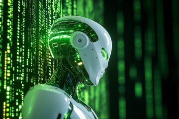 Side profile of an advanced humanoid robot with glowing green circuits in a digital environment. Concept of artificial intelligence and futuristic technology