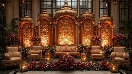 Obraz premium Elegant and Opulent Wedding Reception Decor Featuring Golden Backdrop, Plush Seating, Elegant Flowers, and Ambient Lighting for Luxurious Celebrations